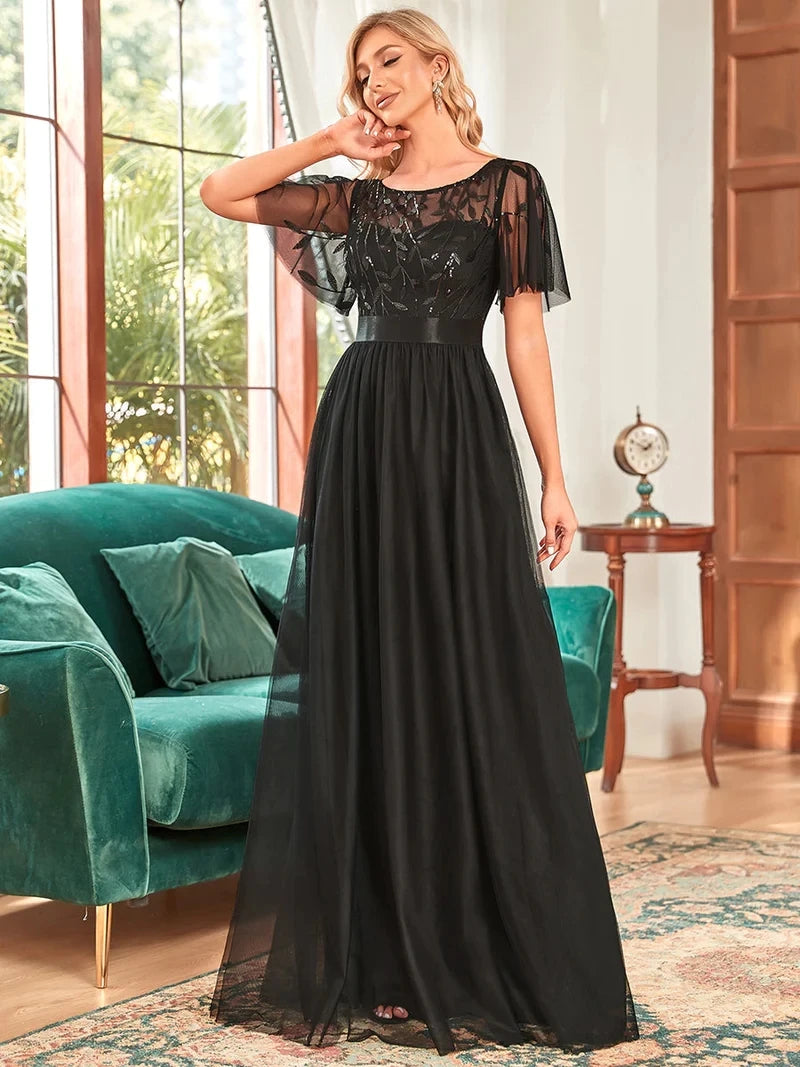 Print Maxi Long with Cap Sleeve Ever Pretty of Burgundy Gauze Prom Dresses Of Women