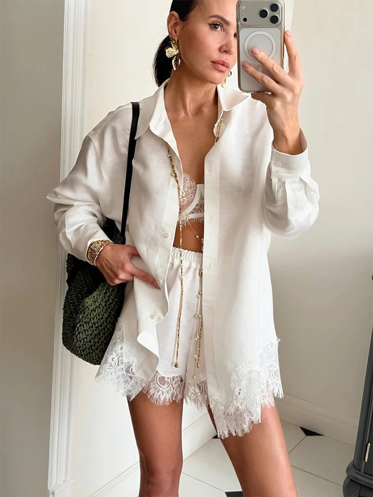 Women's Lace Patchwork Shirt Shorts Suit Single Breasted Long Sleeve Lapel Shirts High Waist Shorts Set Casual Loose Wears 2026