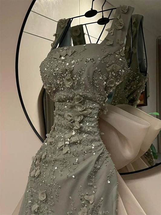Beaded Square Neck Sleeveless Prom Dress Long A Line Formal Evening Gown Floral Appliques Bow Back Design
