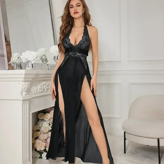 Sexy Sleepwear Lace Mesh Slit Night Dress Backless Strap Long Skirt Women Nightgowns Sexy Lingerie Women's Pajamas