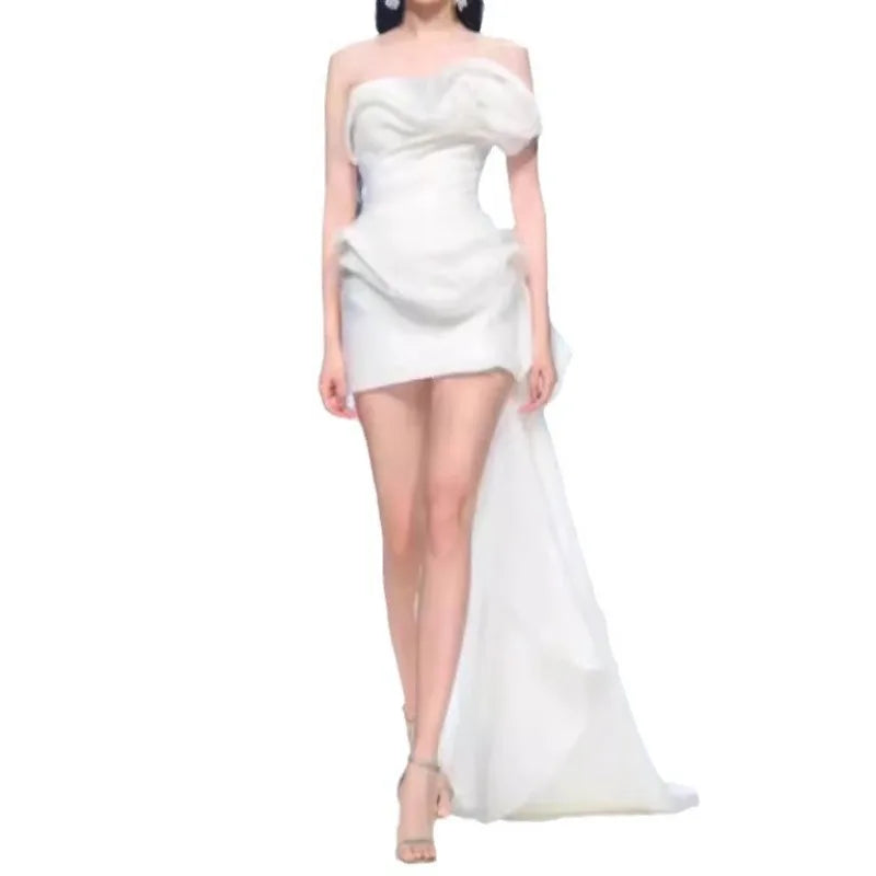 Korean Style Short Light Wedding Dress Strapless White Sexy Pure Desire Birthday Party Dress Bride Wedding