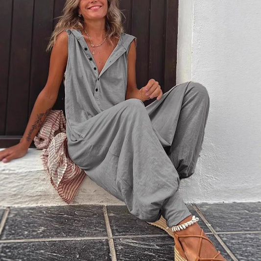 Hot Sale Women Solid Hooded Jumpsuit Button Sleeveless Loose Baggy Long Pants Romper