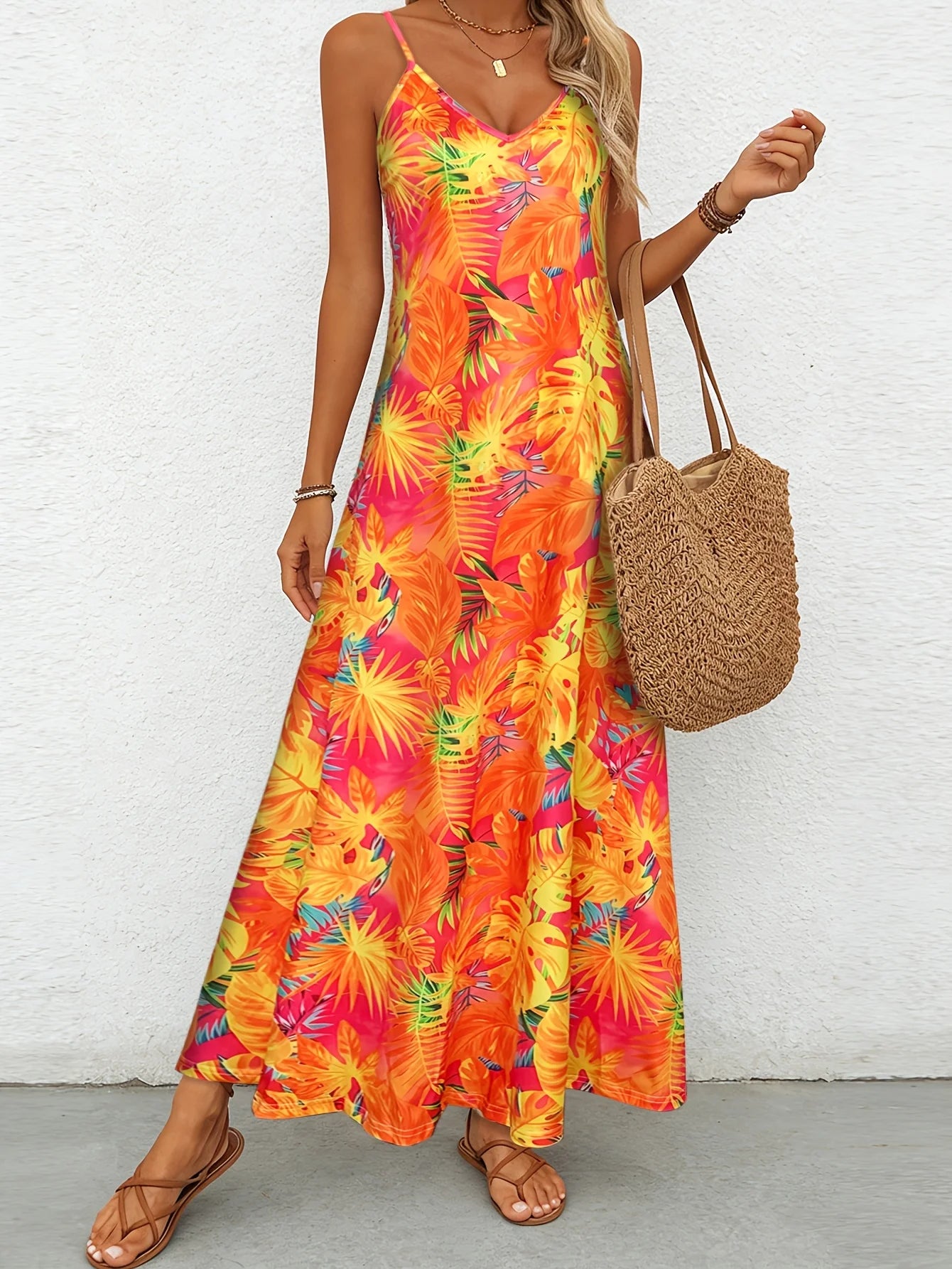 Women's Tropical Leaf Print Cami Maxi Dress Summer Casual V Neck Sleeveless A Line Flowy Sundress Beach Vacation