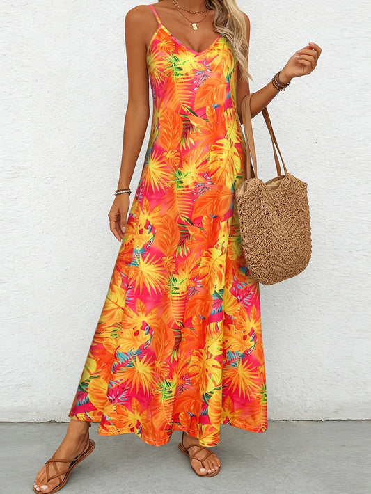 Women's Tropical Leaf Print Cami Maxi Dress Summer Casual V Neck Sleeveless A Line Flowy Sundress Beach Vacation