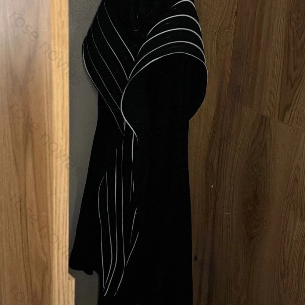Black and White Formal Evening Gown with Off-the-Shoulder Neckline, Striped Pattern, Corset Bodice and Mermaid for Events