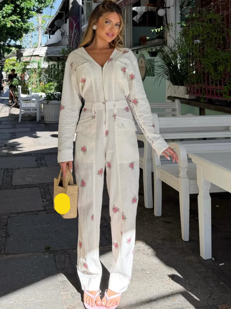 Women's Jumpsuit V-Neck Zipper Long-Sleeved Waist Cinching Pocket Rompers Chic Spring Summer Daily Ladies Wear