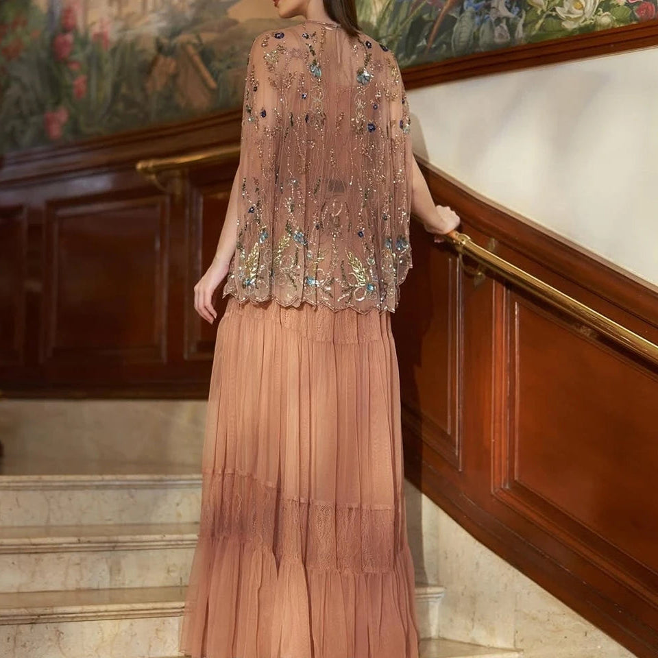Women's A-line Evening Dresses Floor-length O-neck Sleeveless Prom Dresses Fashion Sequined Stole Simple Draped