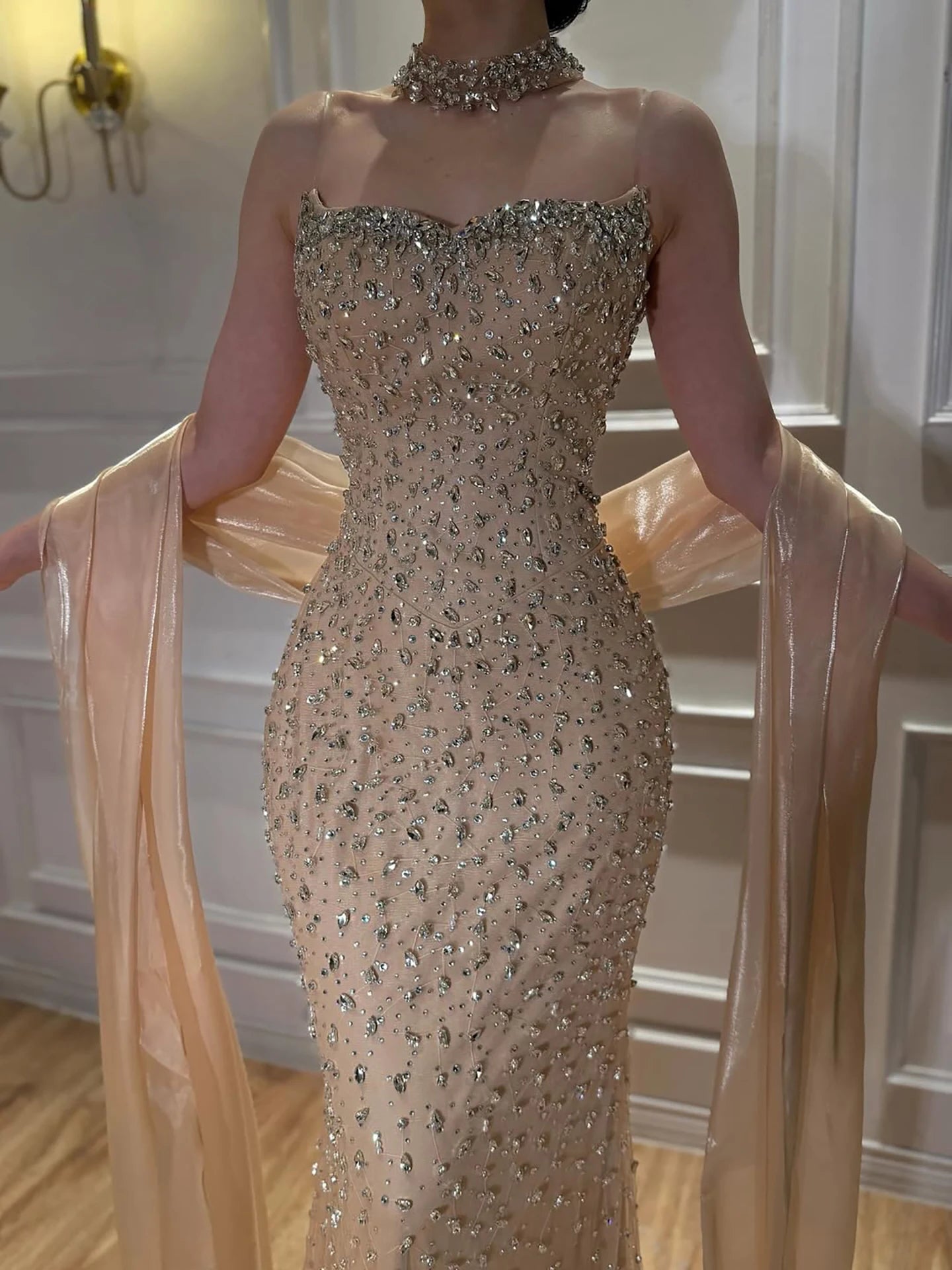 Pink Strapless Diamond Beaded Evening Dress Detachable Sleeve Formal Party Long Gown 2026