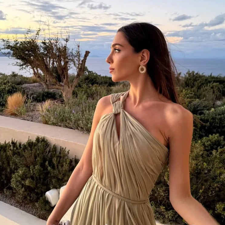 One Shoulder A Line Prom Gowns Backless Pleated Party Gown Side Slit Floor Length Evening Dress Customized