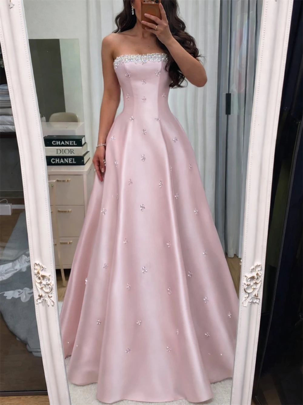Strapless Crystal Beaded Neckline Luxury Evening Dress French Robes De Soirée Floor Length A Line Ball Gown