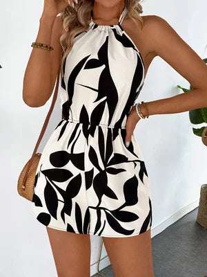 Women's Black & White Leaf Print Halter Romper, Sleeveless Tie Back Elastic Waist Short Jumpsuit, Casual Summer Wear