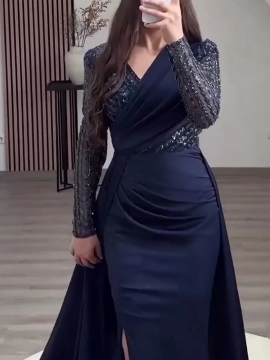 Elegant V-neck Long Sleeved Dress Shiny Party Evening Dress Birthday Dress Long Sleeved Mermaid Dance Dress Customization