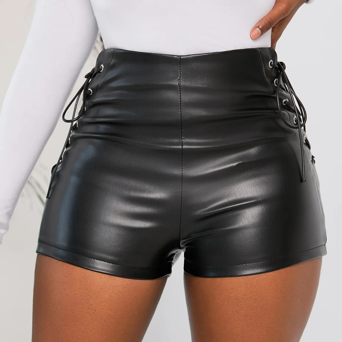 Sexy Black Summer Shorts Women Faux Leather Lace Up Goth Club High Waist Shorts Slim Short Pants Ecoparty