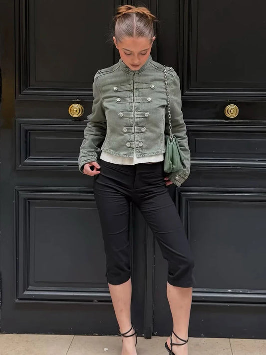 2026 Women Casual Denim Jacket Coat 2026 Spring Autumn Long Sleeve Stand Collar Short Coat Female Button Decor Crop Top