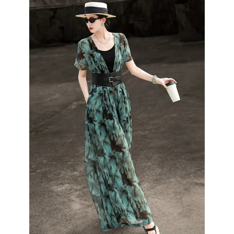 2026 New Summer Commuter V Neck Puff Short Sleeve Wide Buckle Belt High Waist Ink Print Flowy Wide Leg Jumpsuit