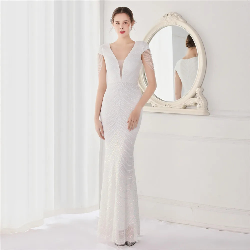 Elegant V Neck Mermaid Evening Dress Long Luxury Beads Women Evening Party Dresses 2025