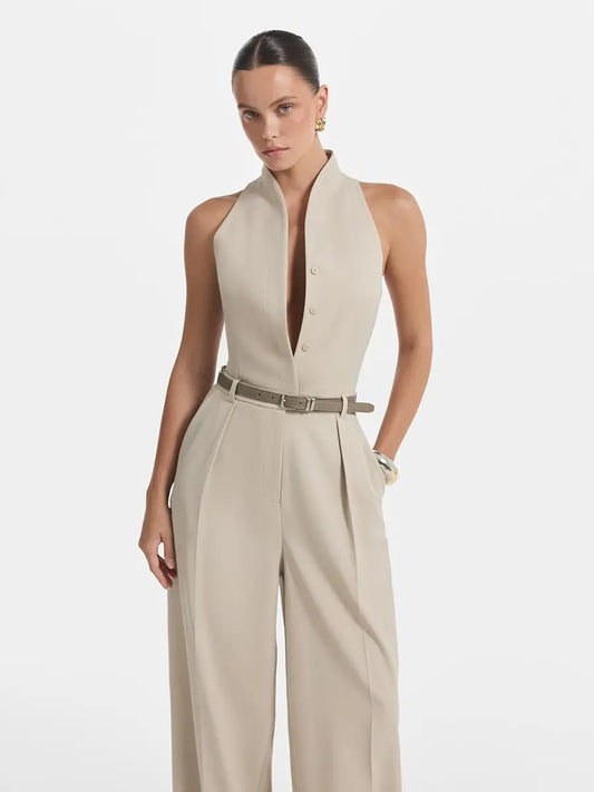 2026 New Women's Beige Halter Neck Jumpsuit with Belt, Sleeveless Wide Leg Pants, Elegant Formal & Office Outfit