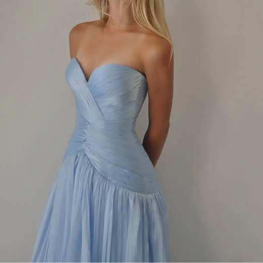 Blue Sweetheart Neck A Line Prom Gowns Backless Pleated Formal Party Gown Floor Length Evening Dress Customized