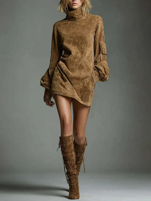 Suede Turtleneck Mini Dress Women Sexy Lantern Long Sleeve Cargo Pocket Dress Elegant High Street Autumn Winter Vestidos 2026