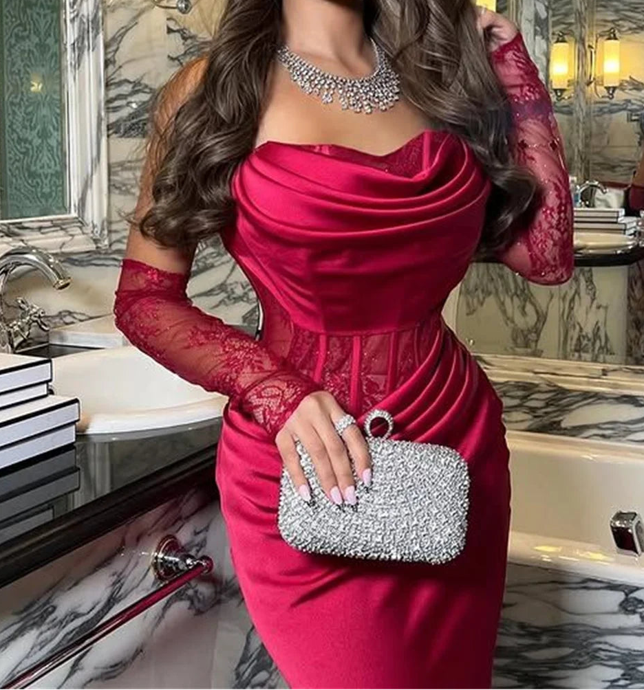 Shoulder Red Mermaid Formal Evening Gown Luxurious Romantic Off-Shoulder Cowl Neckline
