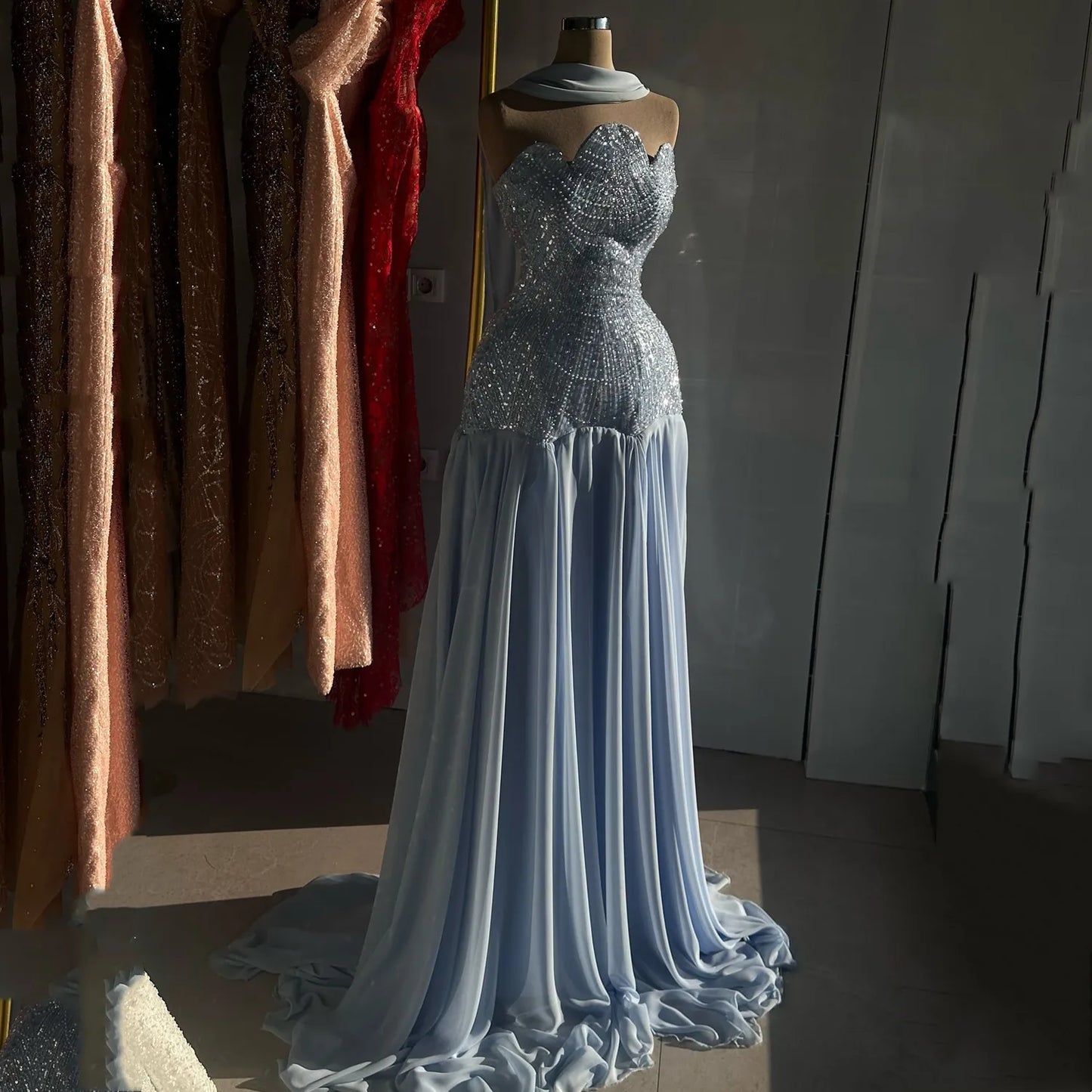 Women's Evening Dress Blue Prom Dresses for Special Occasions Beads A-line Party