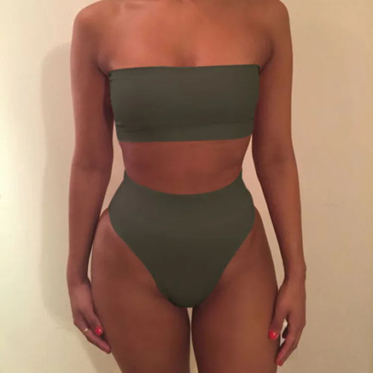 Women Strapless Tube Top Bikini Set High Cut High Swimwear Summer Beach Bathing Suit