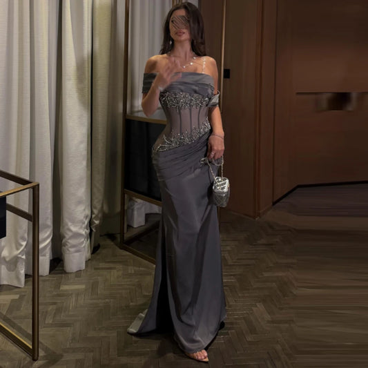 Sexy Mermaid Evening Dress Charming Off the Shoulder Sweep Train Cocktail Dresses Delicate Ruched Satin Party