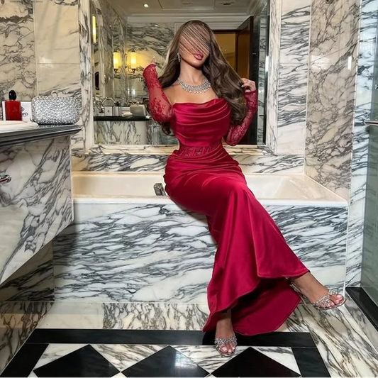 Shoulder Red Mermaid Formal Evening Gown Luxurious Romantic Off-Shoulder Cowl Neckline