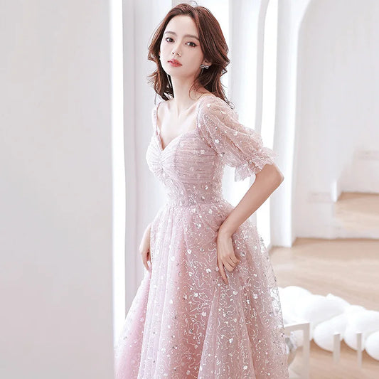 Pink Evening Prom Dresses for Women Sparkling Lantern Sleeve Summer Sexy Middle Party Birthday Ball Gown Dress Formal Vestidos