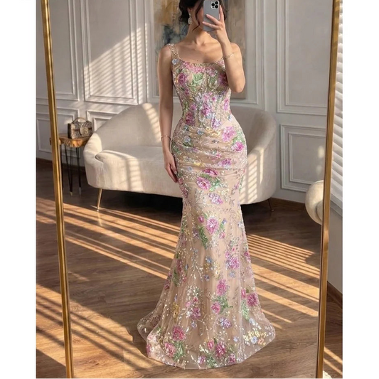 Floral Lace Spaghetti Straps Fishtail Floor Length Elegant Party Dress for Women Luxury Prom Dresses 2026 Evening