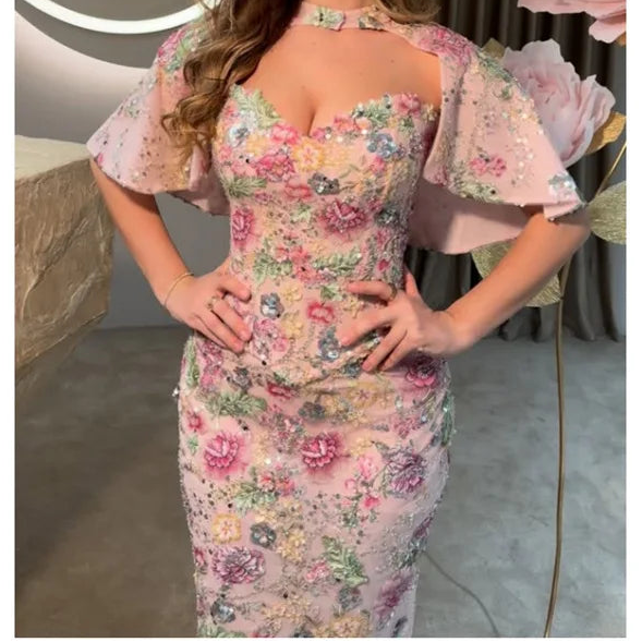 evening dress Strapless Shawl Prom Dresses Floral Embroidery High Waist Vestidos De Noche Sheath Formal Evening