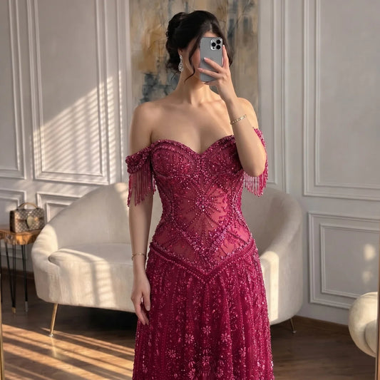 2026 Luxury Fuchsia Arabic Beaded A-Line Evening Dress With Tassels For Formal Wedding Party BLA73594 Customized