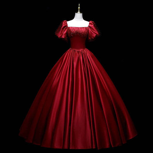 Red Satin Evening Prom Dresses for Women Summer Elegant Sexy Puff Sleeve Long Formal Party Ball Gown Dress Show Host Vestidos