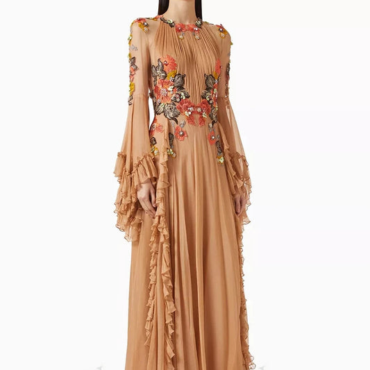 Women's A-line Evening Dresses Floor-length O-neck Full Sleeve Prom Gown Fashion Flowers Ruched Simple Draped Customized Gowns