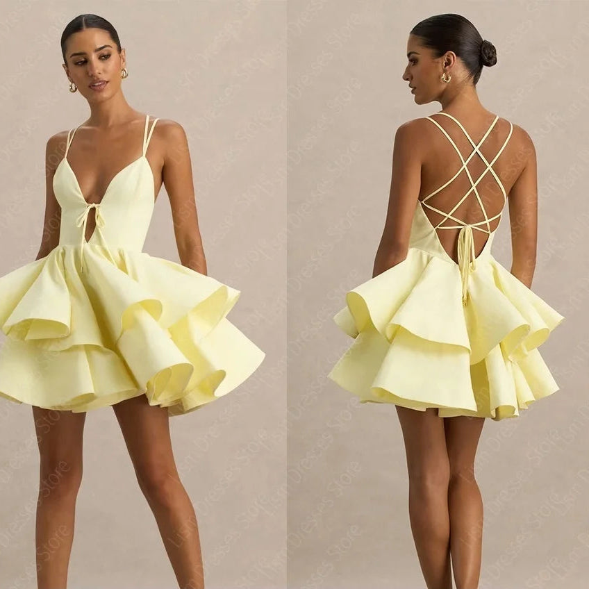 Yellow Backless Mini Women Summer Dresses Customized A Line Short Cocktail Party Dress Sexy