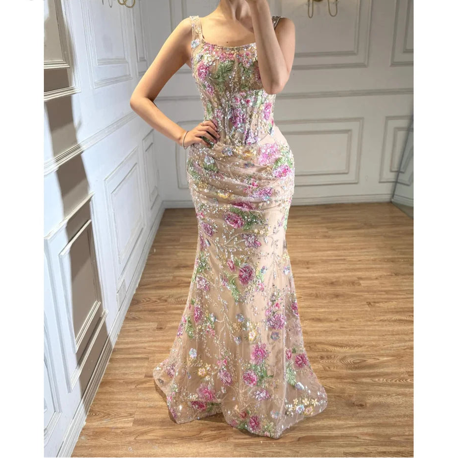 Floral Lace Spaghetti Straps Fishtail Floor Length Elegant Party Dress for Women Luxury Prom Dresses 2026 Evening