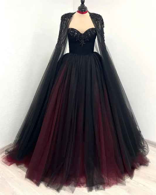 Black WIth Red Wedding Dress Sequins Cape Sleeve Ball Gown Vestidos De Novia Customized A-line Prom Dresses