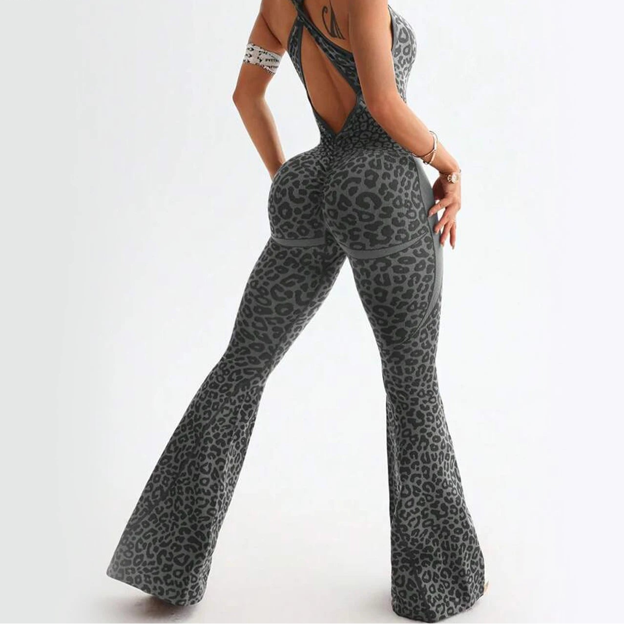 Women Flare Leg Yoga Romper Backless Criss Cross Workout Bodysuit Scrunch Butt Lift Gym Fitness Wear