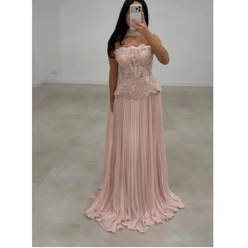 Pink Column Halter Neck Prom Dresses Pleated Sleeveless Lace-Up vestidos de noche Formal Evening 2026