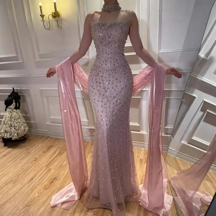 Pink Strapless Diamond Beaded Evening Dress Detachable Sleeve Formal Party Long Gown 2026