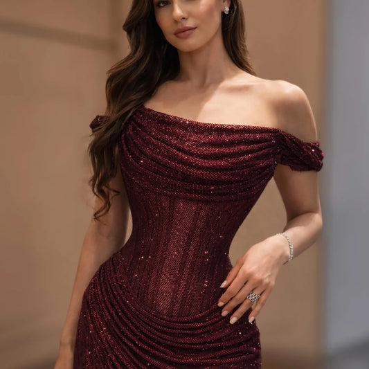 Burgundy Off Shoulder Prom Dresses with Glitter Fabric Ruched Mermaid Silhouette Formal Evening vestidos de gala