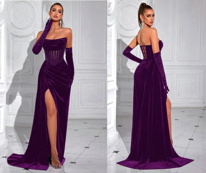 Elegant Korean Velvet Long Dress Sexy Fishbone Sash Strapless Evening Gown High End Adult Women's Fashion Summer 2025
