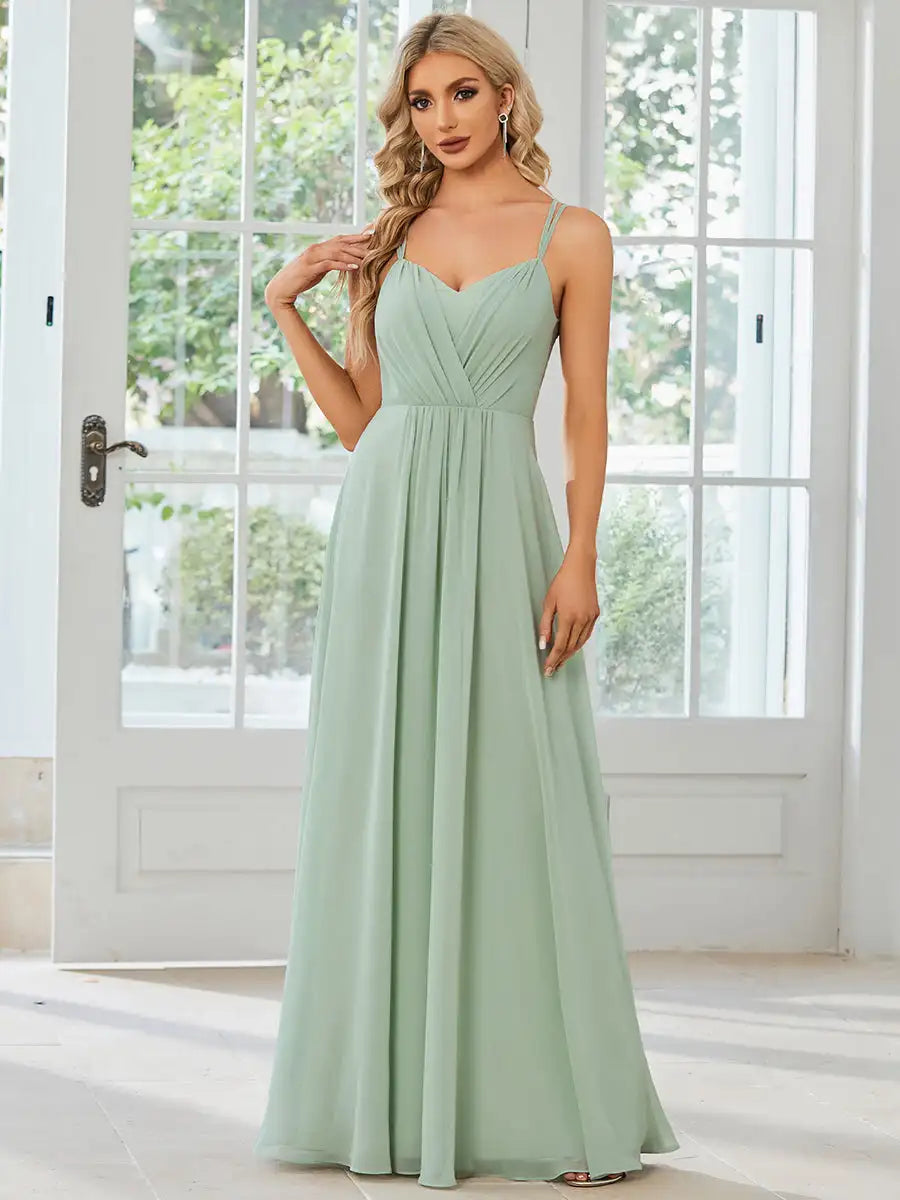 Elegant Evening Dress V Back Backless Floor-Length Ever Pretty of Chiffon Wrinkle Mint Green Bridesmaid Dress