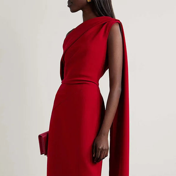 Women One Shoulder Column Midi Cocktail Gowns Tea Length Draped Sheath Formal Party Dress