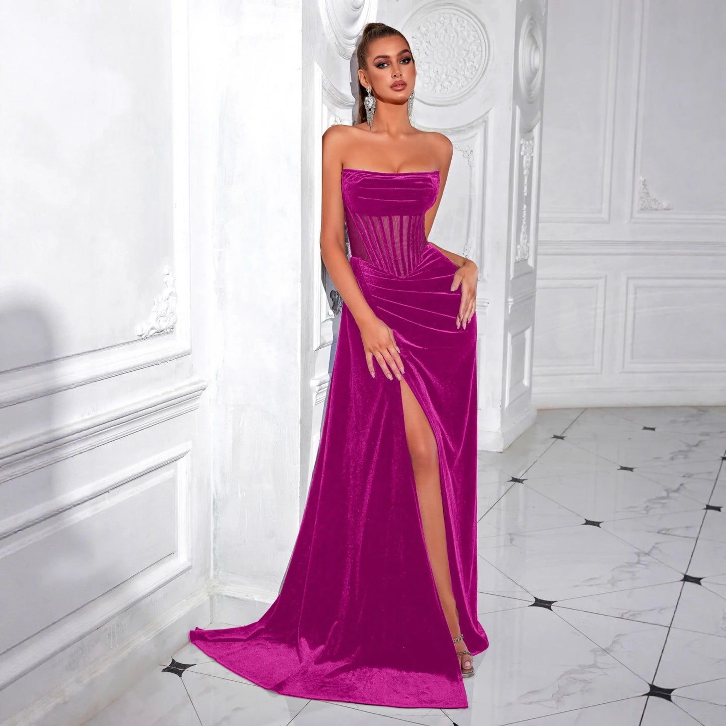 Elegant Korean Velvet Long Dress Sexy Fishbone Sash Strapless Evening Gown High End Adult Women's Fashion Summer 2025