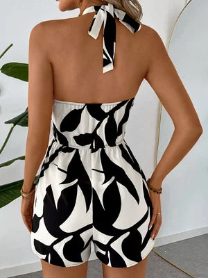 Women's Black & White Leaf Print Halter Romper, Sleeveless Tie Back Elastic Waist Short Jumpsuit, Casual Summer Wear
