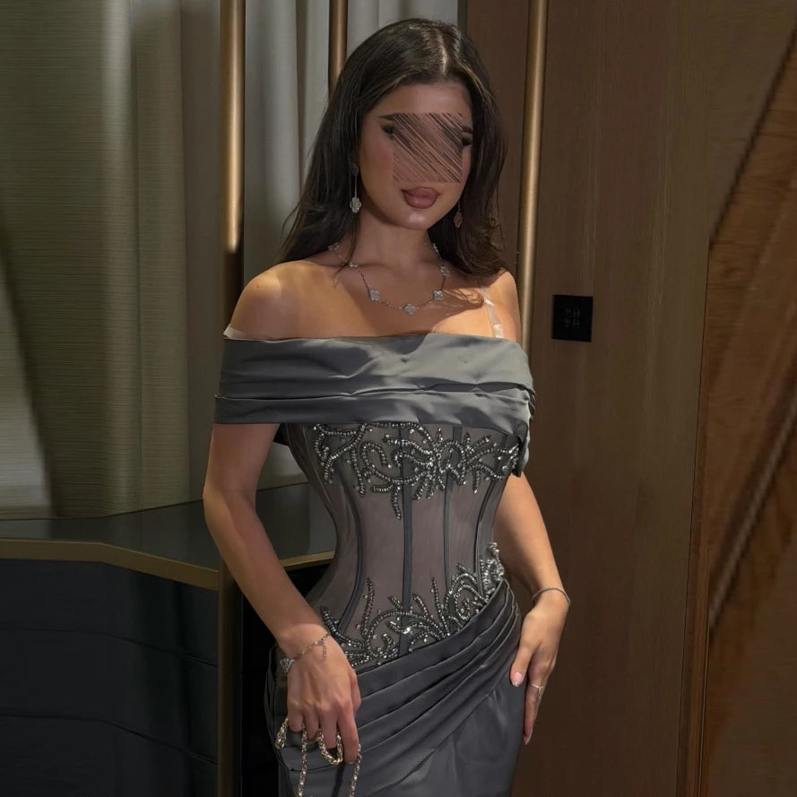 Sexy Mermaid Evening Dress Charming Off the Shoulder Sweep Train Cocktail Dresses Delicate Ruched Satin Party