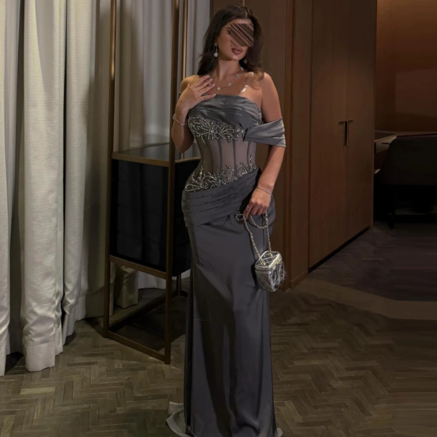 Sexy Mermaid Evening Dress Charming Off the Shoulder Sweep Train Cocktail Dresses Delicate Ruched Satin Party