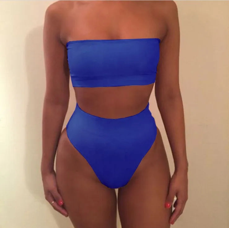 Women Strapless Tube Top Bikini Set High Cut High Swimwear Summer Beach Bathing Suit