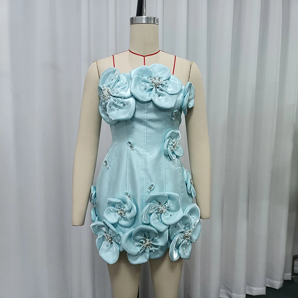 Strapless Corset Mini Cocktail Dress Sky Blue 3D Floral Appliques Rhinestone Satin Short Party Gown For Birthday Homecoming